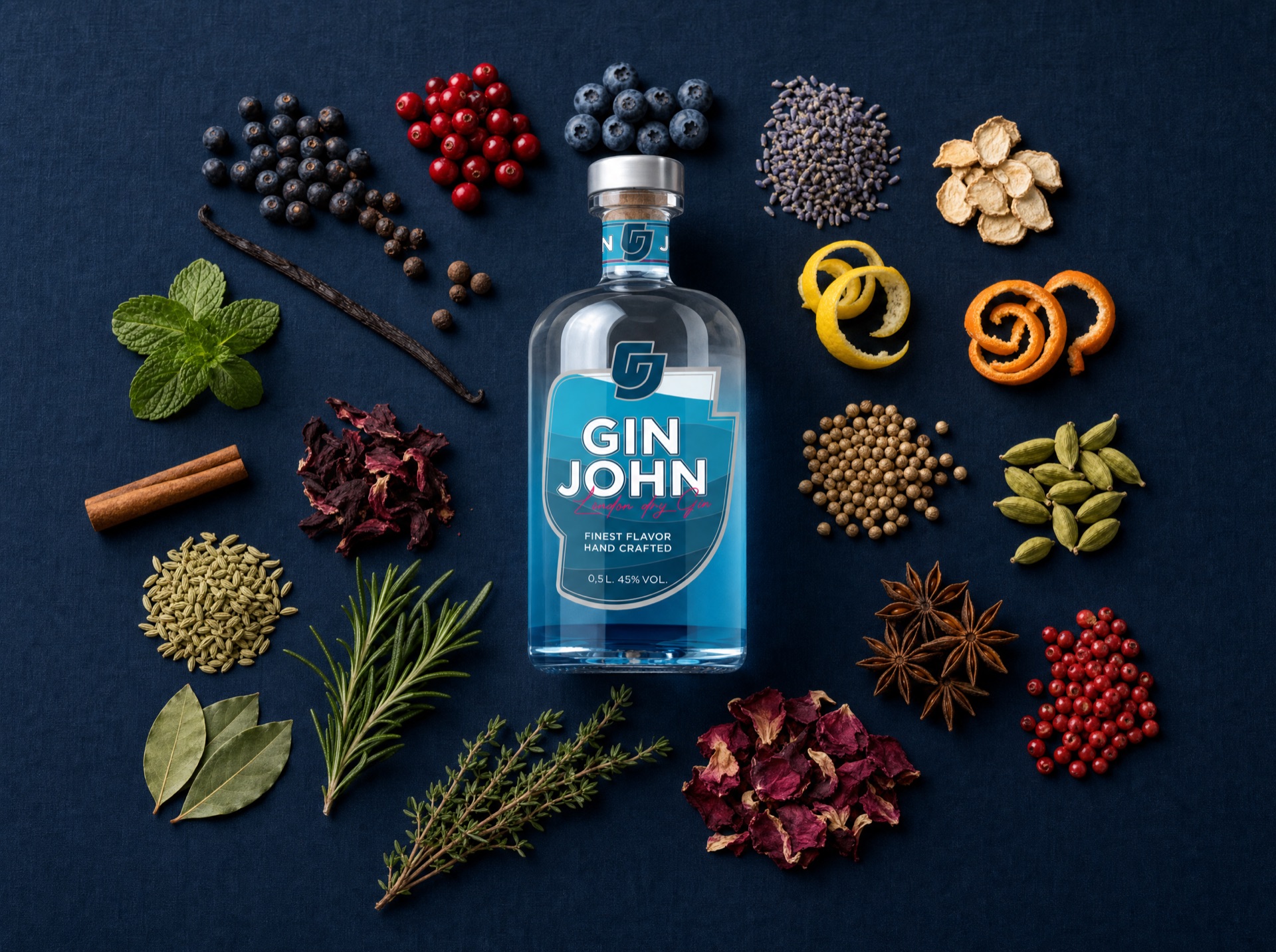 Gin John mit 21 Botanicals: Wacholder, Lavendel, Beeren, Zitrusschalen, Koriander