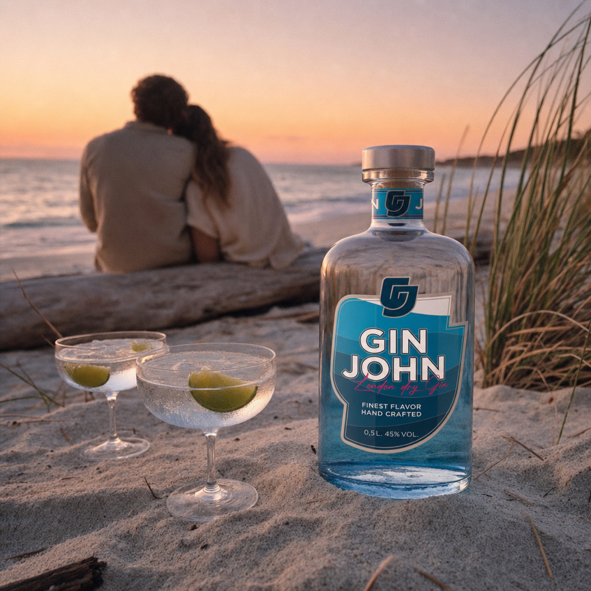Gin John auf Treibholz an einsamem Sandstrand bei Sonnenuntergang, Paar im Hintergrund mit zwei Coupe-Gläsern