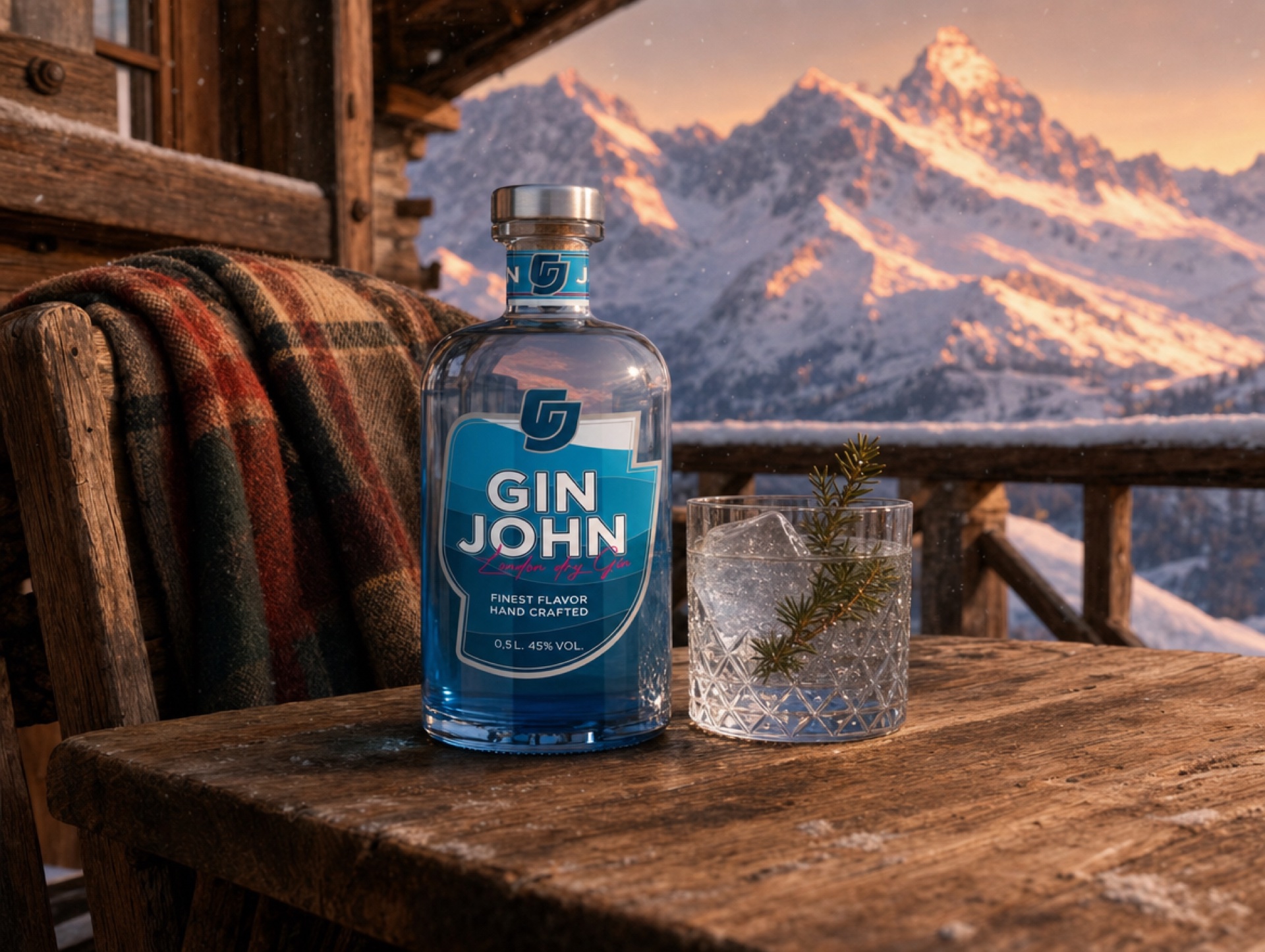 Gin John auf rustikalem Holztisch einer Alpenhütte, schneebedeckte Gipfel im Sonnenuntergang