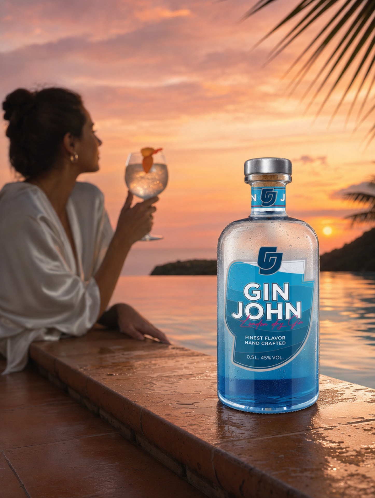 Gin John Flasche am Infinity-Pool bei Sonnenuntergang, Frau im Bademantel mit Gin Tonic, Mittelmeer-Horizont