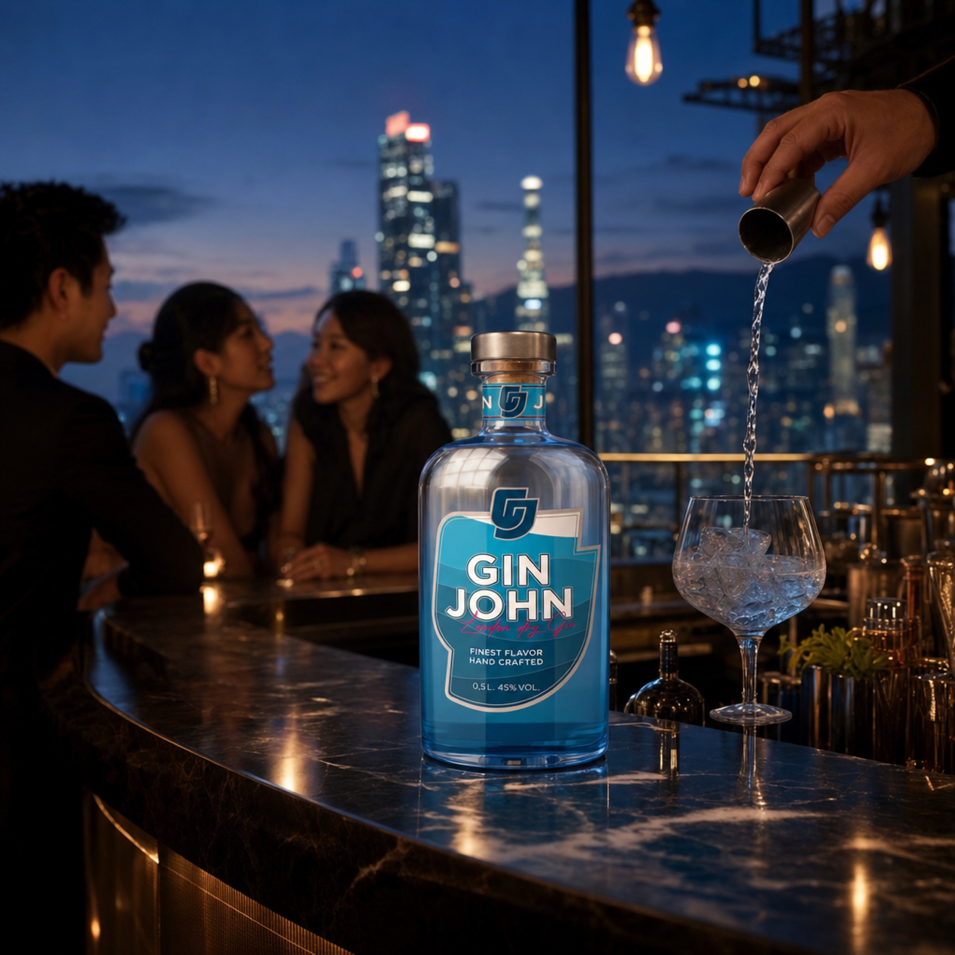 Gin John auf Marmorbar einer Rooftop-Bar zur blauen Stunde, Bartender gießt Tonic ein, Stadtlichter im Hintergrund
