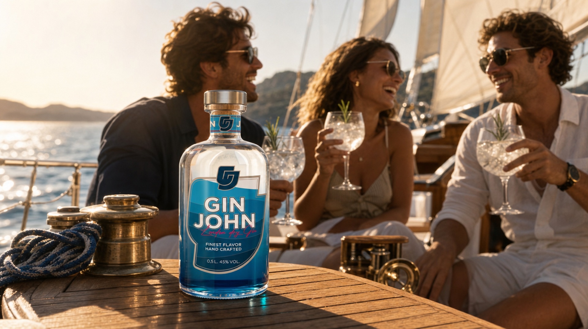 Gin John auf Segelyacht-Deck in der Goldenen Stunde mit drei Freunden und Gin Tonics