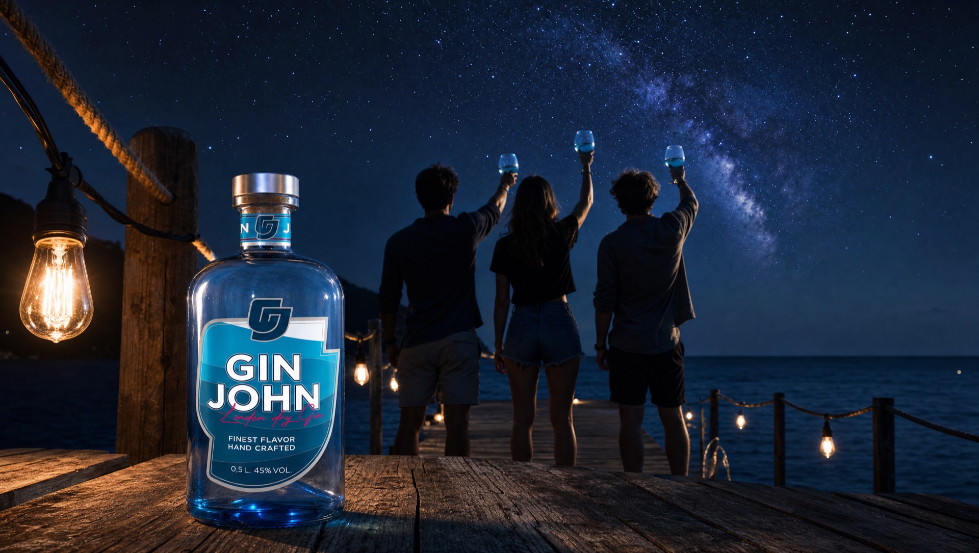 Freunde toasten unter dem Sternenhimmel mit Gin John
