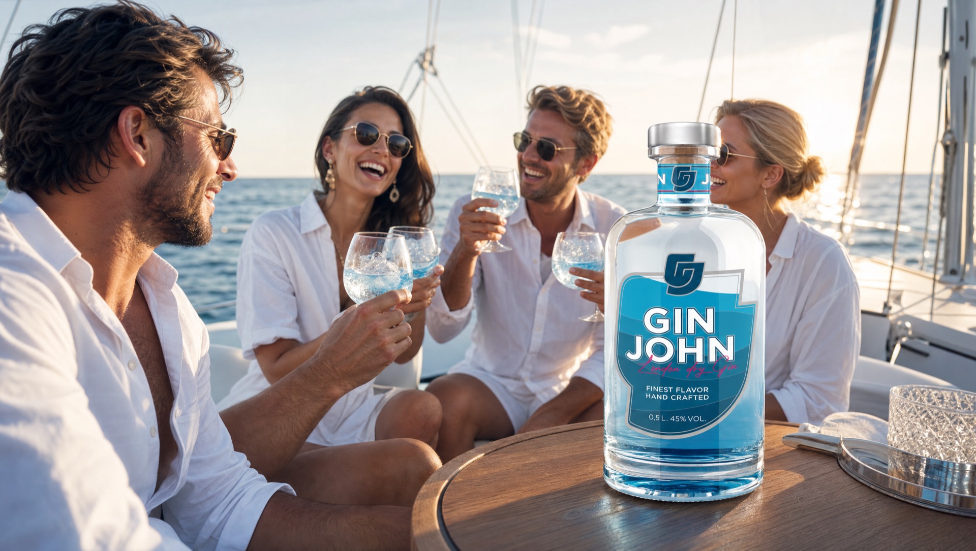 Freunde genießen Gin John auf einer Segelyacht bei Sonnenuntergang