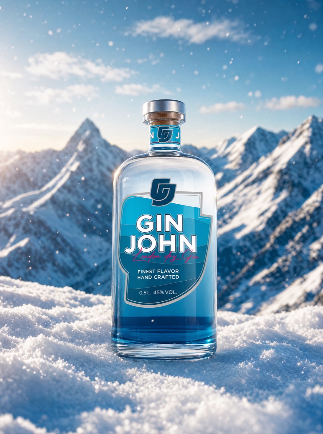 Gin John im Schnee vor Bergpanorama
