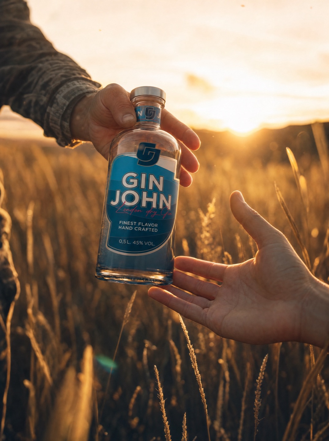 Zwei Hände reichen Gin John im goldenen Kornfeld